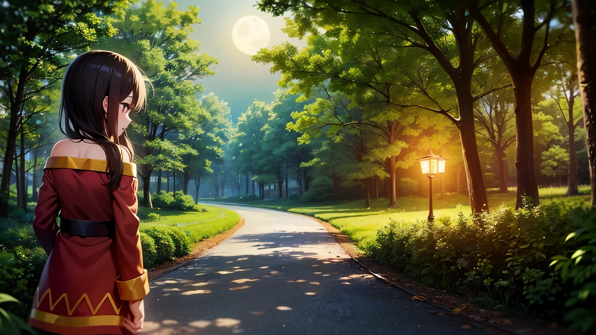 1Girl, Megumin, Fantasy, Forest Background, detailed, just one Person, cute, Night, Moonlight, UHD, high resolution