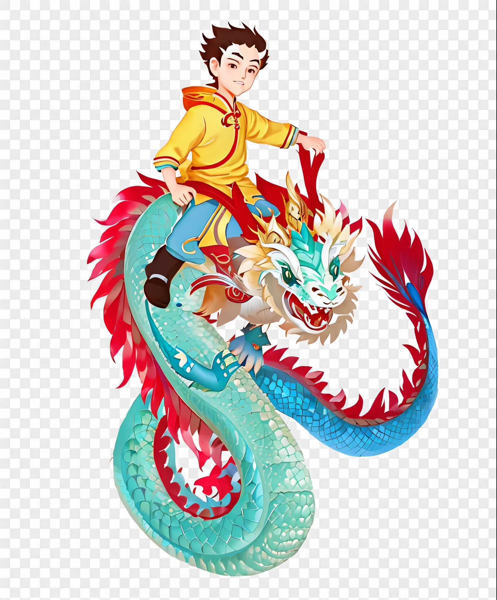 a cartoon boy riding a dragon with, cyan chinese dragon fantasy, riding a dragon, fat dragon with rider, teenage girl riding a dragon, dragon-shaped human, human and dragon fusion, chinese dragon, chinese dragons fighting, dragon in the background, dragon rider, smooth chinese dragon, yellow dragon head festival, man with the soul of a dragon, a beautiful artwork illustration, chinese watercolor style, full color digital illustration, art illustration, digital art illustration, in the style of sachin teng, full color illustration, concept art design illustration, digital illustration -, mascot illustration, digital cartoon painting art, cartoon digital painting, inspired by Gao Kegong
