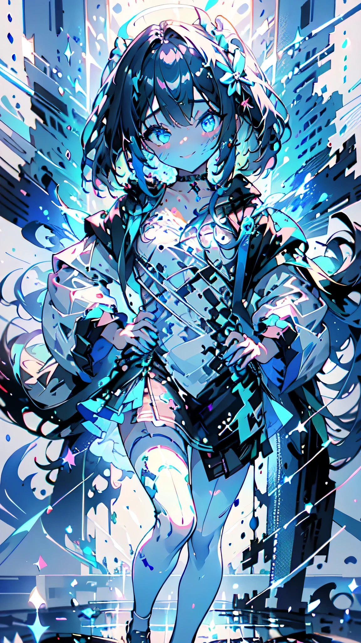 alone,Extremely detailed CG unified 8k wallpaper,illustration,Lens 135mm,masterpiece, best quality,slime girl, slime \(substance\), (blue_skin:1.5),blue hair,naughty face,masterpiece, best quality,，water gradient eyes,white_hair,Double tail,(white background:1.5),simple background,hands on hips,,permanent,Smile,Keep your mouth shut,blue eyes,hairpin,white pantyhose,white lolita fasion,Ribbon choker,legs apart, masterpiece, best quality,, masterpiece, best quality,, masterpiece, best quality, 
