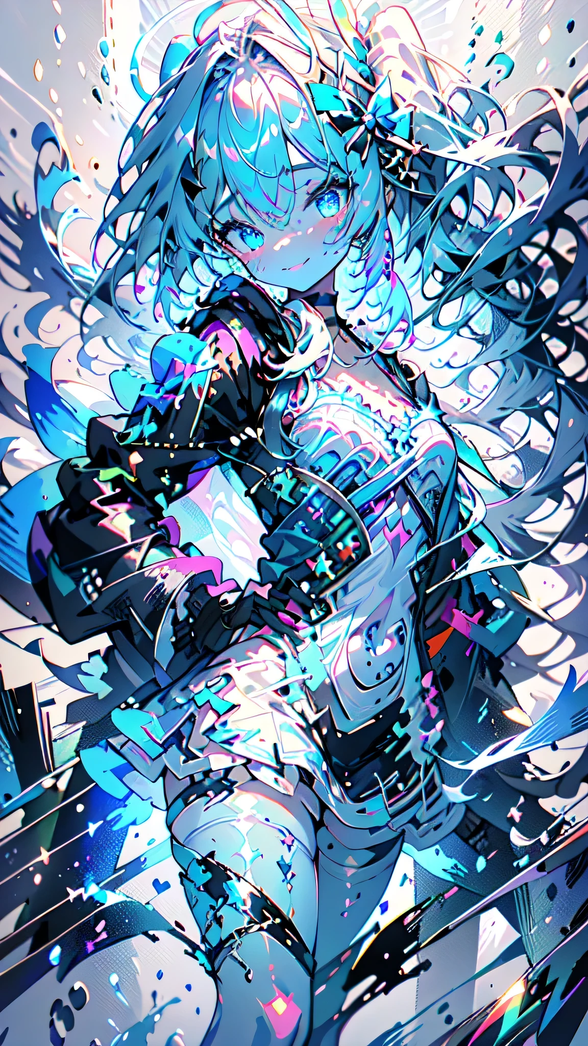 alone,Extremely detailed CG unified 8k wallpaper,illustration,Lens 135mm,masterpiece, best quality,slime girl, slime \(substance\), (blue_skin:1.5),blue hair,naughty face,masterpiece, best quality,,water gradient eyes,white_hair,Double tail,(white background:1.5),simple background,hands on hips,,permanent,Smile,Keep your mouth shut,blue eyes,hairpin,white pantyhose,white lolita fasion,Ribbon choker,legs apart, masterpiece, best quality,, masterpiece, best quality,, masterpiece, best quality,
