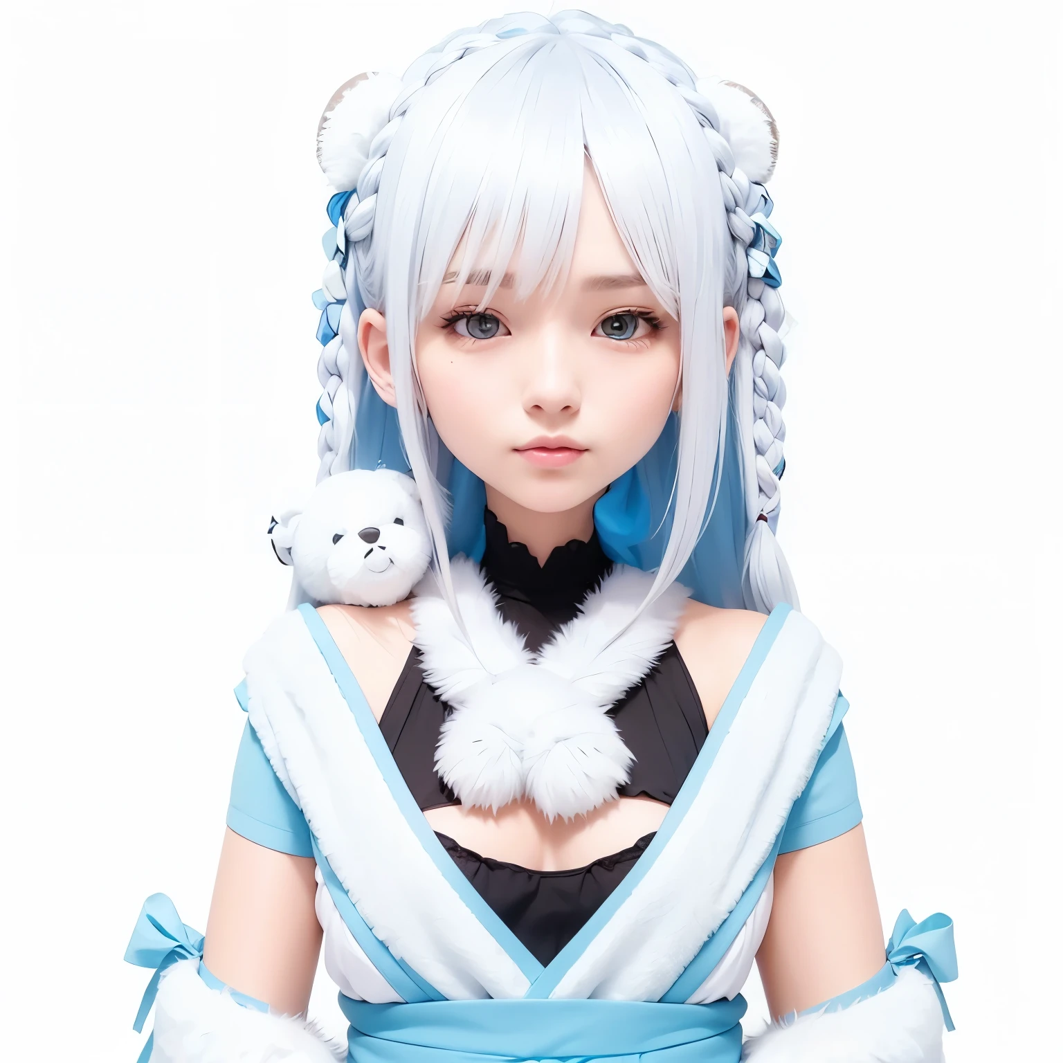 white and blue hair, bear-marked fur scarf, braided hair on right, long hair ornament on left, cute small teddy bear on right shoulder, bear ears, masterpiece, best quality, CG, wallpaper, HDR, high quality, high-definition, extremely detailed, looking at viewer, smile, cute girl, ultra realistic, ultra detail, 70 mm lens