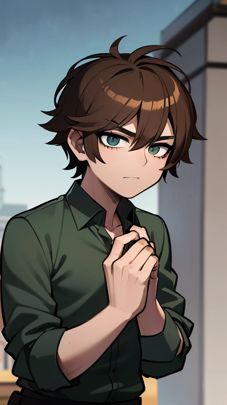 (Chico), (hombre), (Male) (male body)((obra maestra, mejor calidad))(solo), (enfoque masculino), (brown-hair), (ojos color jade) (verde) (cuerpo tonificado) (de alta estatura), de pie, fondo aleatorio, different places, Angle Dynamic, urban zone, dusk, cloudy sky, stormy weather, drizzle