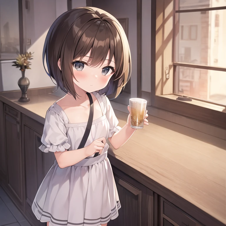 masterpiece, best quality, 1girl, solo, child, tomboy, very short hair, brown hair, grey eyes