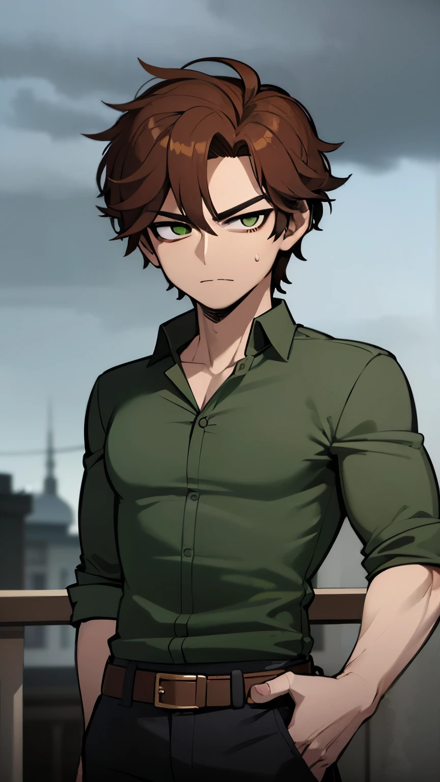 (Chico), (hombre),  (Male) (male body)((obra maestra, mejor calidad))(solo), (enfoque masculino), (brown-hair), (ojos color jade) (verde) (cuerpo tonificado) (de alta estatura), de pie, fondo aleatorio, different places, Angle Dynamic, urban zone, dusk, cloudy sky, stormy weather, drizzle