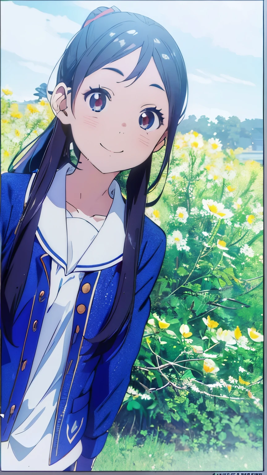 super long hair，very long hair，double ponytail，black hair，High school girl with round eyes，cute，Smile，blue surcoat，White short sleeves，Hair in front