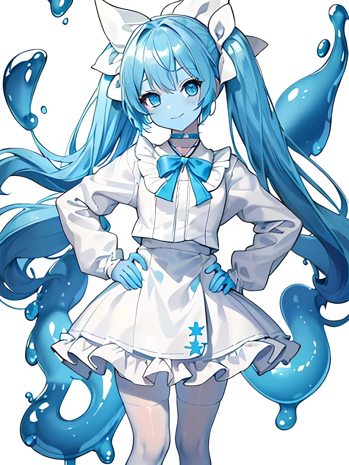 blue hair,blue eyes,pantyhose,white pantyhose,breasts,small breasts,sailor suit,school hat,braid,plain braid,kneelinglooking up,looking at viewer,open mouth,tongue out,cum in mouth,serious eyes,White shirt,mini skirt,white miniskirt,thighs