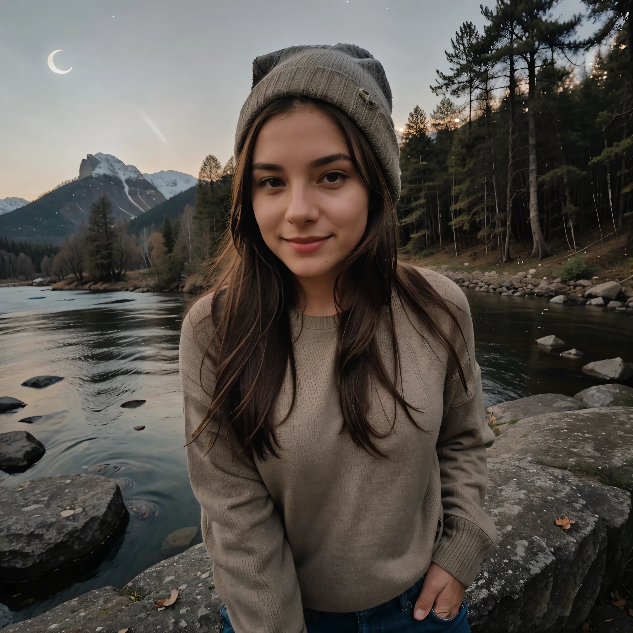photograph, photo of beautiful 27yo woman, darl long brown hair, selfie, full body, solo, wearing pullover, outdoors, (night), mountains, real life nature, stars, moon, cheerful, happy, gloves, sweater, beanie, forest, rocks, river, wood, smoke, fog, looking at viewer, skin texture, photo grain, close up, RAW photo