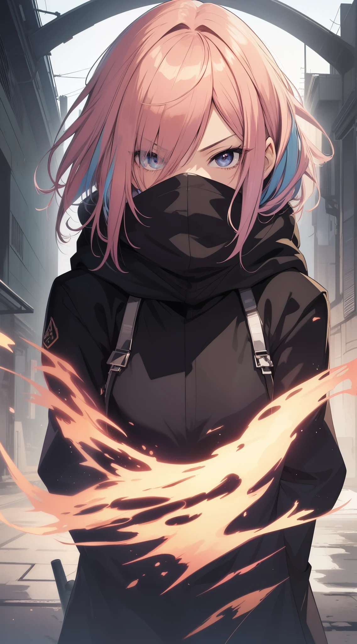 anime girl with a hood and covering her mouth with a scarf, rainbow coloured hair, arcueid \(coat\), dark ambient anime graphic illustration, anime art wallpaper 8 k, anime style 4 k, detailed digital anime art, anime abstract art, anime style illustration, digital anime illustration, cute detailed digital art, anime style artwork, anime styled digital art, anime illustration, 