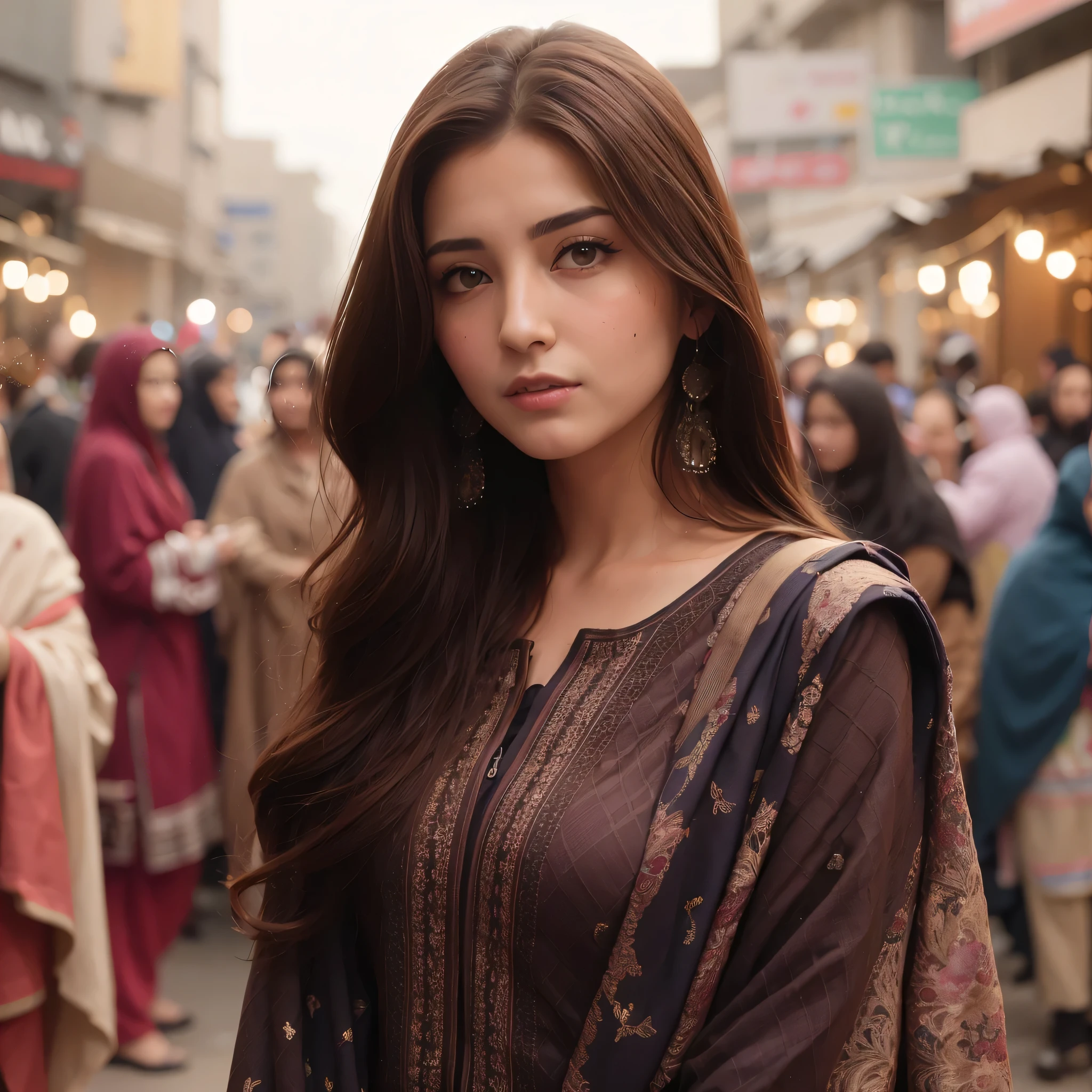 araffe woman in a brown dress standing in a crowded street, maya ali, maya ali mage, maya ali sorcerer, innocent look, beautiful face!!!!, extremely beautiful, rendered in 4 k, maya ali wind sorcerer, portrait shot, maya ali sorceress, beautiful model, portrait shot 8 k, good looking face, very extremely beautiful