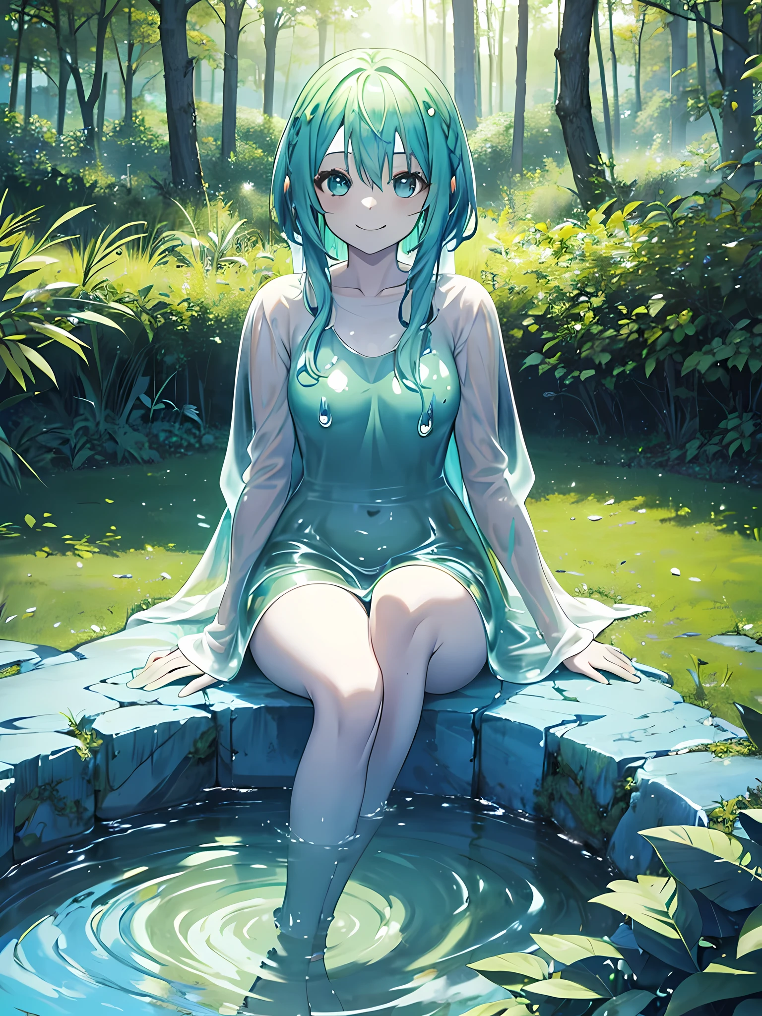 Masterpiece, best quality, , erotic , nsfw, white sexy swimsuit, show full body in water, beautiful crossing legs, show vaginal rupture,,s, beautiful skin, hot naked, in a hot spring, steam, , fairy garden on the background, short green hair, curvy hair, green eyes