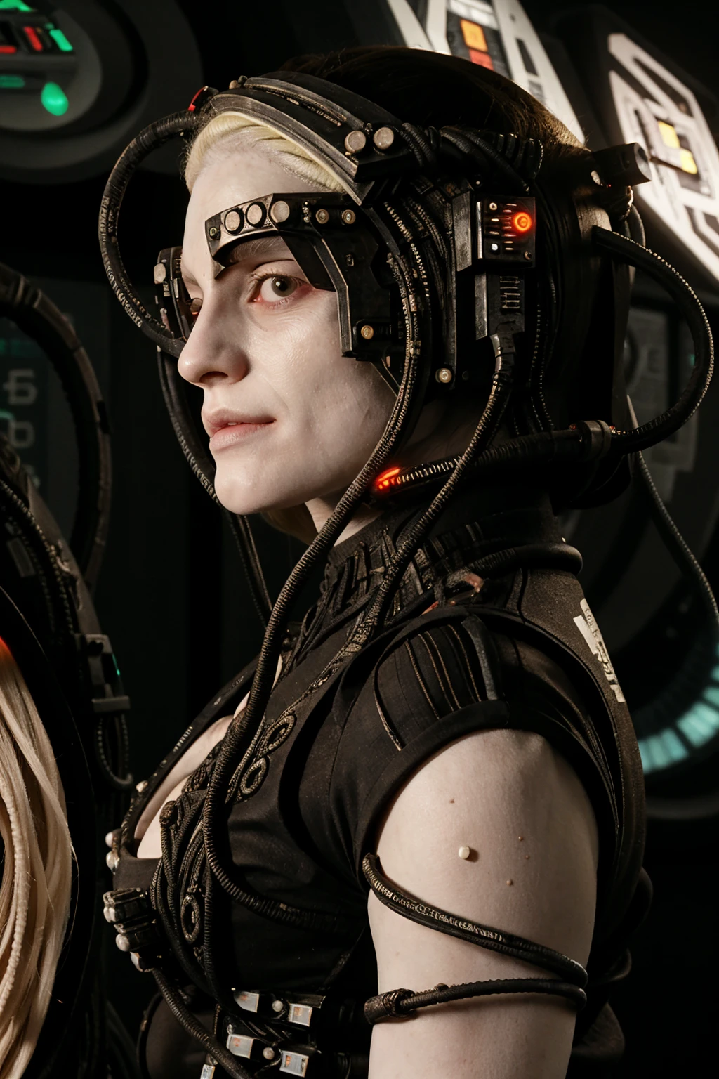 borg woman casey, (cable:1.65), 

[(pale white:.1) (Natural:1) (skin:1.3)::8]
[[(Natural:1.1) (pale white:.9) (skin:1.3):8]::16]
[(Natural:1) (pale white:1.3) (skin:1.3):16]
 [(with:.01) (beauty_marks:.01):6], 

[(bald:.15)::9], [[(long light blonde hair:.8):8]::12], [(long light blonde hair:1.4):12], [albino Nordic:8], left side view, 

(medium shot:1.4), (cybernetic:.4) (cyborg:.6) [(bikini:1)::10] (with laser led lights:1), busty, [borg implants::6], eyepatch, assimilation, 

[young:4], front light, fit, well lit, sunny, bright, scifi starship background, [(led lights, laser lights:.01):8], detailed skin,  photograph, detailed, high resolution, RAW photo, in frame, 

[BREAK:8] 
[(many beauty_marks and:.01) (many light moles on her skin:1.2):8], 

[BREAK (light brown moles:.1):12]