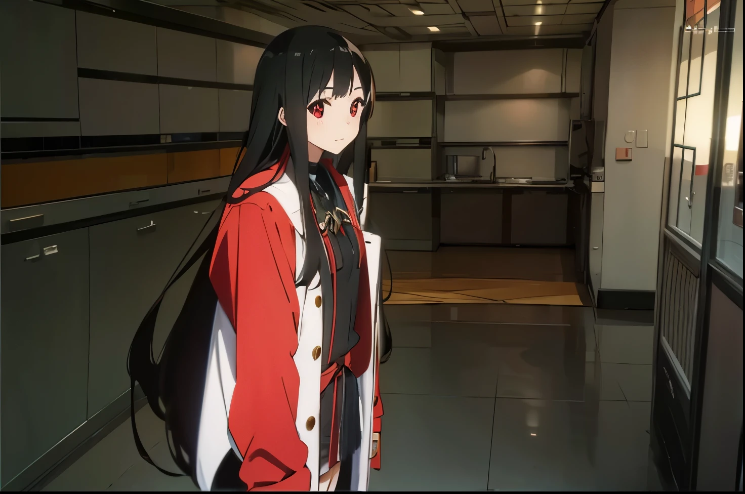 super long hair，very long hair，black hair，super long hair，cute，surprise，red coat，