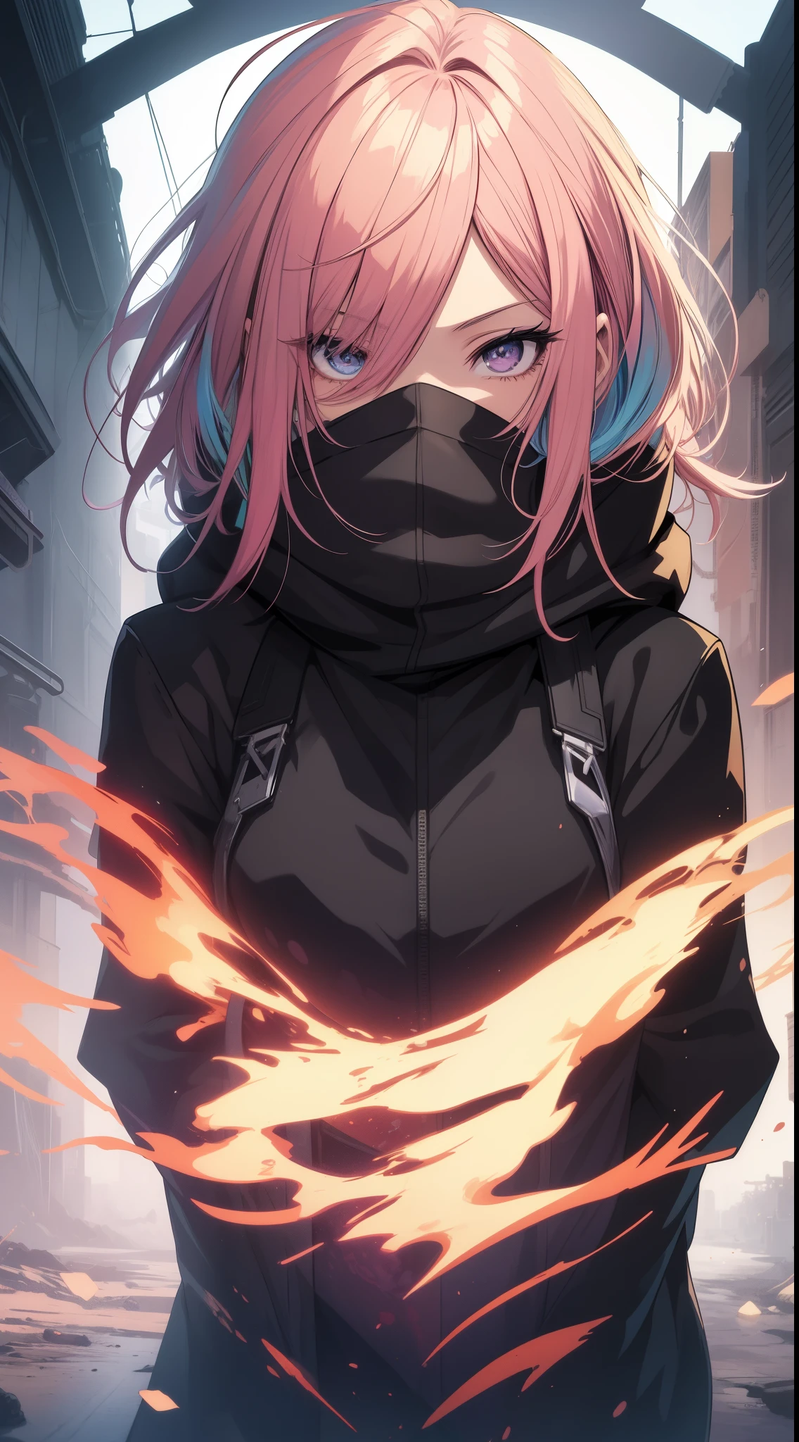 anime girl with a hood and covering her mouth with a scarf, rainbow coloured hair, arcueid \(coat\), dark ambient anime graphic illustration, anime art wallpaper 8 k, anime style 4 k, detailed digital anime art, anime abstract art, anime style illustration, digital anime illustration, cute detailed digital art, anime style artwork, anime styled digital art, anime illustration, 