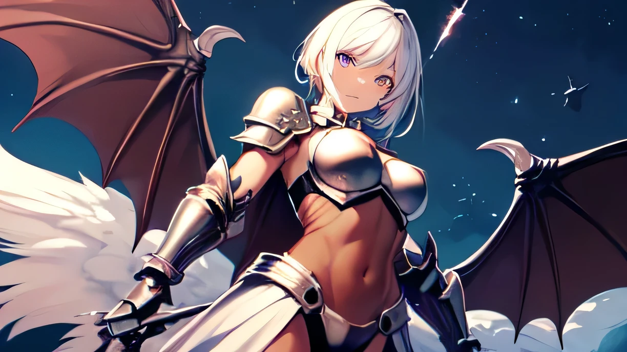 Warrior girl in vanadium armor over silver hair metallic dragon in battle pose on aerial sky background