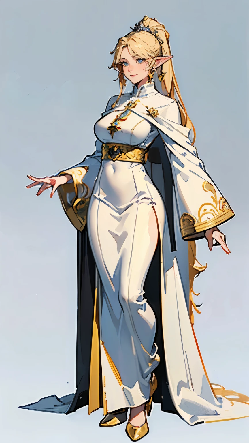 ((masterpiece,best quality,8k,highres)),((character concept art)), 1 female, middle- adult female, Catholic pope, 250 cm height, long hair, ponytail, (blonde hair colour), ultra finely detailed eyes ((yelloq eyes colour)), extraordinary gorgeous, charming, smirk smile, (pointed ears), shapely breasts, hourglass body shape ((muscular)), ((intricate detail)), super finely detailed hands, ultra finely detailed fingers(((ten fingers))), full Catholic pope outfit (white outfit colour), big royal white cloak, Catholic mitra hat, earrings, (standing still), (full body showcase), (show full body), (no logos on background), (no logo), ((plain background)), ((plain background)), (((empty background)))