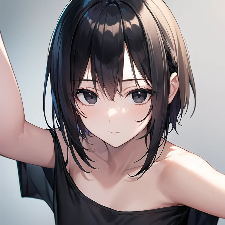 masterpiece, best quality, 1boy, solo, , spiky hair, short hair, black hair, black eyes, black t-shirt