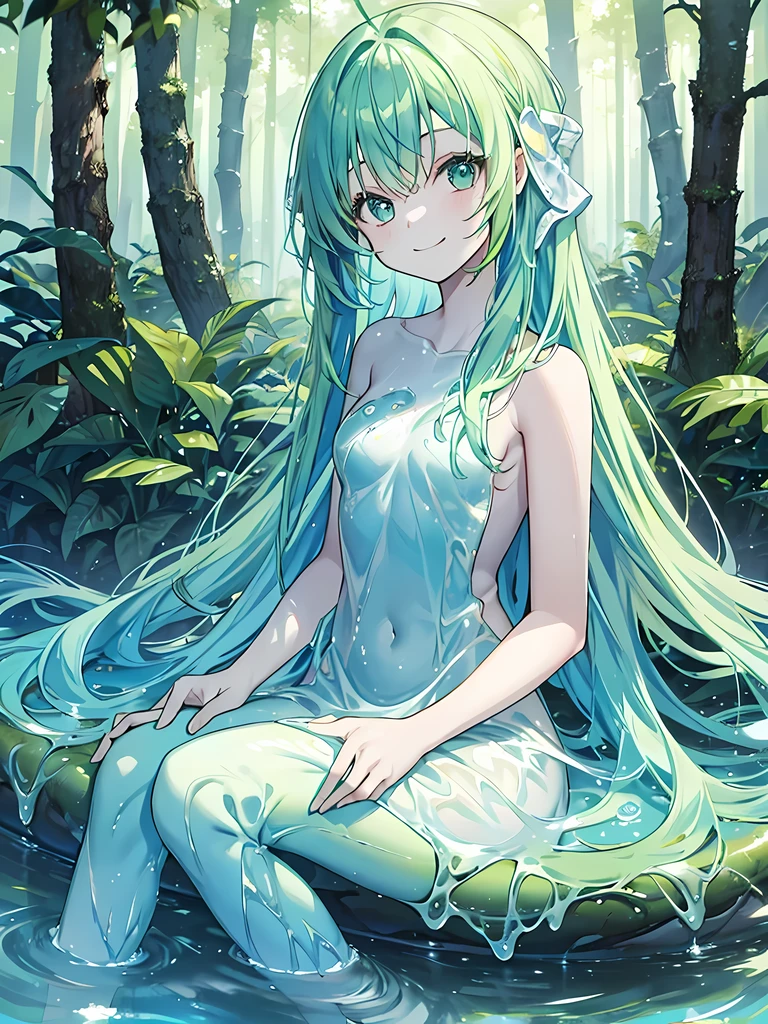 1 girl, alone, slime girl, slime \(substance\), blue skin, (green hair:1.2), nude:0.1, sitting, outdoor, forest, looking at the audience, Smile 