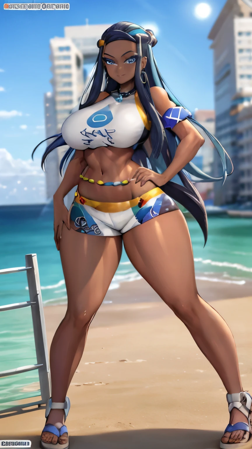 ((masterpiece,best quality)), absurdres,
Nessa_Pokemon, 
1girl, solo, dark skin, blue eyes, black hair, blue hair, two-tone hair, swimsuit, ((short shorts)), bikini, jewelry, necklace, earrings, belly chain, armlet, midriff, white croptop, open white sandals,
solo, smiling, looking at viewer, full body shot, 
cinematic composition,  contrapposto, beach