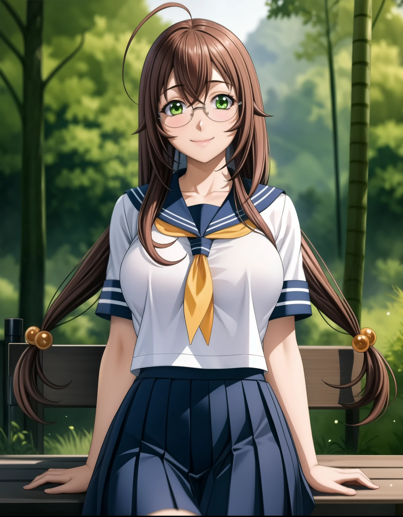 perfect eyes:1.2, detailed eyes:1.4, ahoge, rubygentokuwz, twintails, brown hair, smile, skindentation, tight clothes, blush, nature, glossy skin, very long hair, green eyes, school uniform, serafuku, pleated skirt, blue skirt, hair ornament, large breasts, glasses, cowboy shot, 1girl, solo, (masterpiece:1.6, best quality), 8k, insane details, intricate details, hyperdetailed, hyper quality, high detail, ultra detailed, professional, HDR, ray tracing reflection, cinematic lighting,