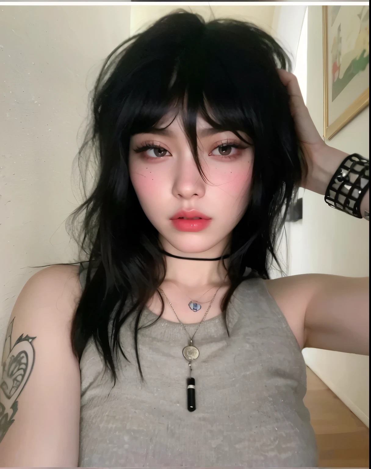 araffed woman with long black hair and a necklace on, pale goth beauty, cruel korean goth girl, 18 years old, with pale skin, she has black hair with bangs, pale porcelain white skin, asian features, with long hair and piercing eyes, pale fair skin!!, asian girl, black hair and large eyes, pale round face, china doll face, joy red velvet