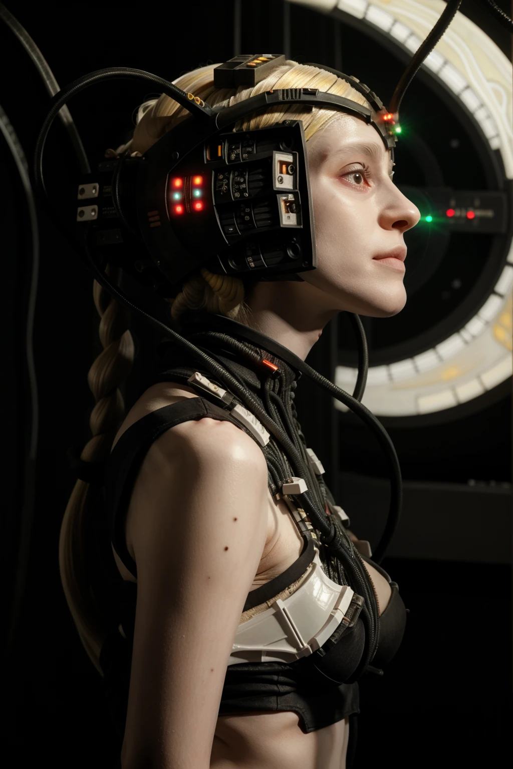 borg woman casey, (cable:1.63), 

[(pale white:.1) (Natural:1) (skin:1.3)::8]
[[(Natural:1.1) (pale white:.9) (skin:1.3):8]::16]
[(Natural:1) (pale white:1.3) (skin:1.3):16]
 [(with:.01) (beauty_marks:.01):6], 

[(bald:.15)::9], [[(long light blonde hair:.8):8]::12], [(long light blonde hair:1.4):12], [albino Nordic:8], side view, 

(medium shot:1.4), (cybernetic:.4) (cyborg:.6) (bikini:1) (with laser led lights:1), busty, [borg implants::6], eyepatch, assimilation, 

[young:4], front light, fit, well lit, sunny, bright, scifi starship background, [(led lights, laser lights:.01):8], detailed skin,  photograph, detailed, high resolution, RAW photo, in frame, 

[BREAK:8] 
[(many beauty_marks and:.01) (many light moles on her skin:1.2):8], 

[BREAK (light brown moles:.1):12]