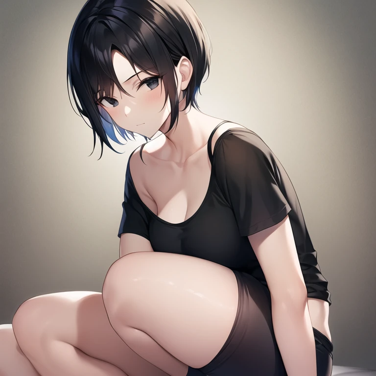 masterpiece, best quality, 1boy, solo, child, spiky hair, short hair, black hair, black eyes, black t-shirt