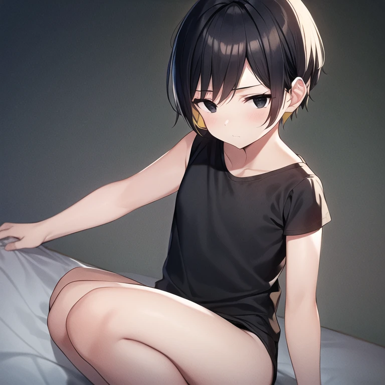 masterpiece, best quality, 1boy, solo, child, spiky hair, short hair, black hair, black eyes, black t-shirt