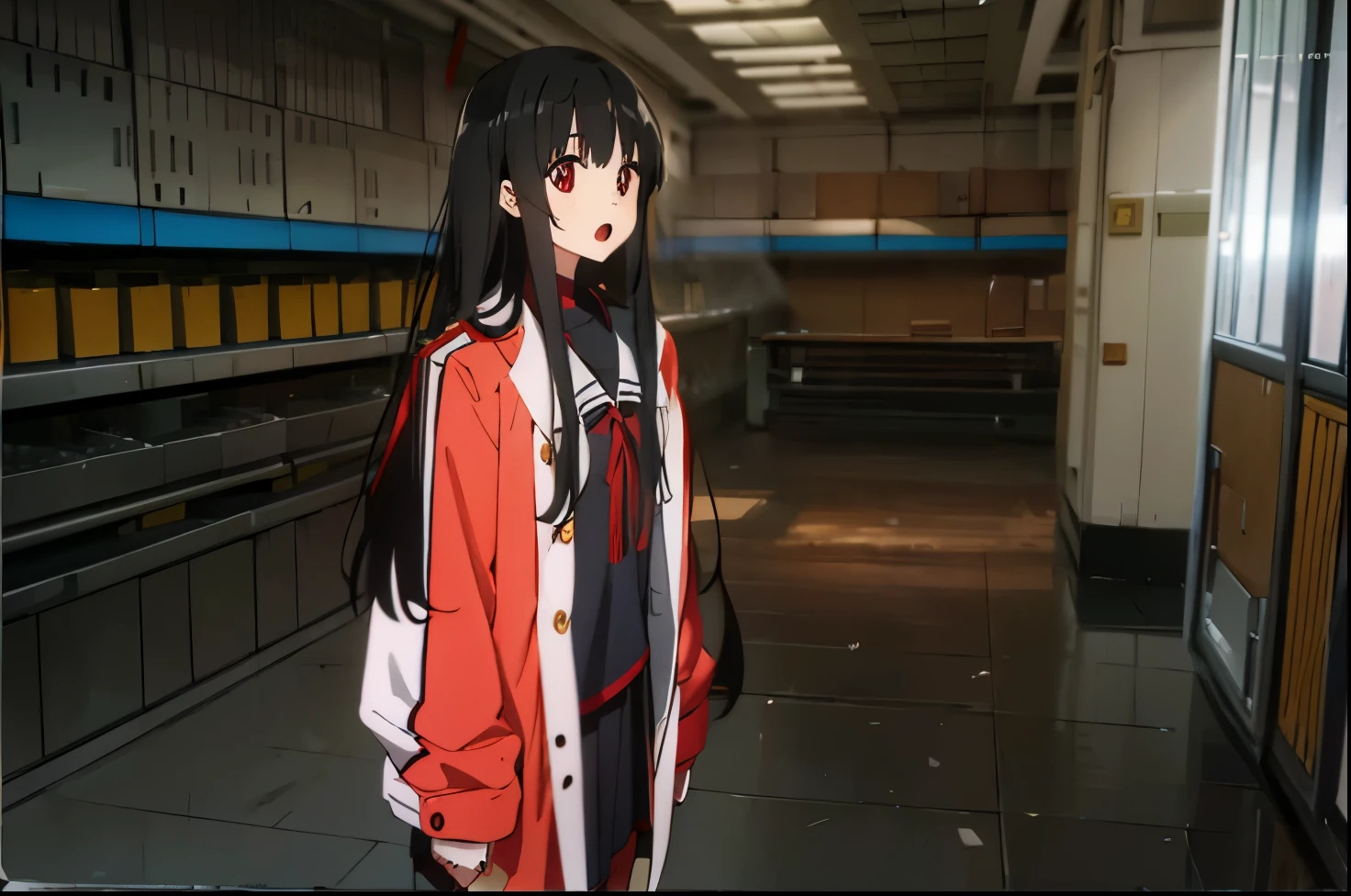 super long hair，very long hair，black hair，super long hair，cute，surprise，red coat，hair in front of body，Neat bangs，high school student，Open your mouth