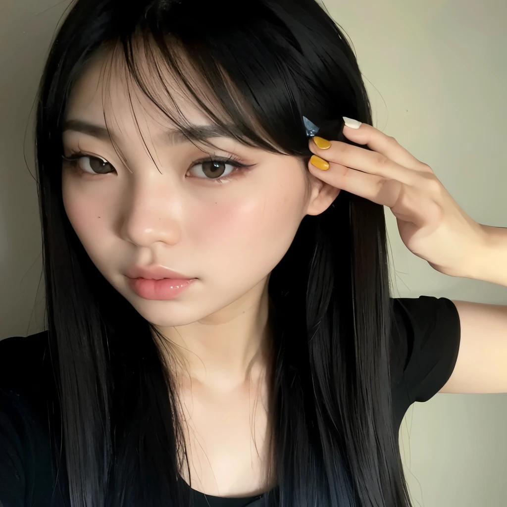 Arafed asian woman with long black hair and a black shirt, ela tem cabelo preto com franja, coreana, linda mulher sul-coreana, Sun Yunjoo, jaeyeon nam, linda jovem coreana, Heonhwa Choe, Ulzzang, young lovely korean face, linda jovem coreana, adorable and pale korean face, taejune kim, Jinyoung Shin