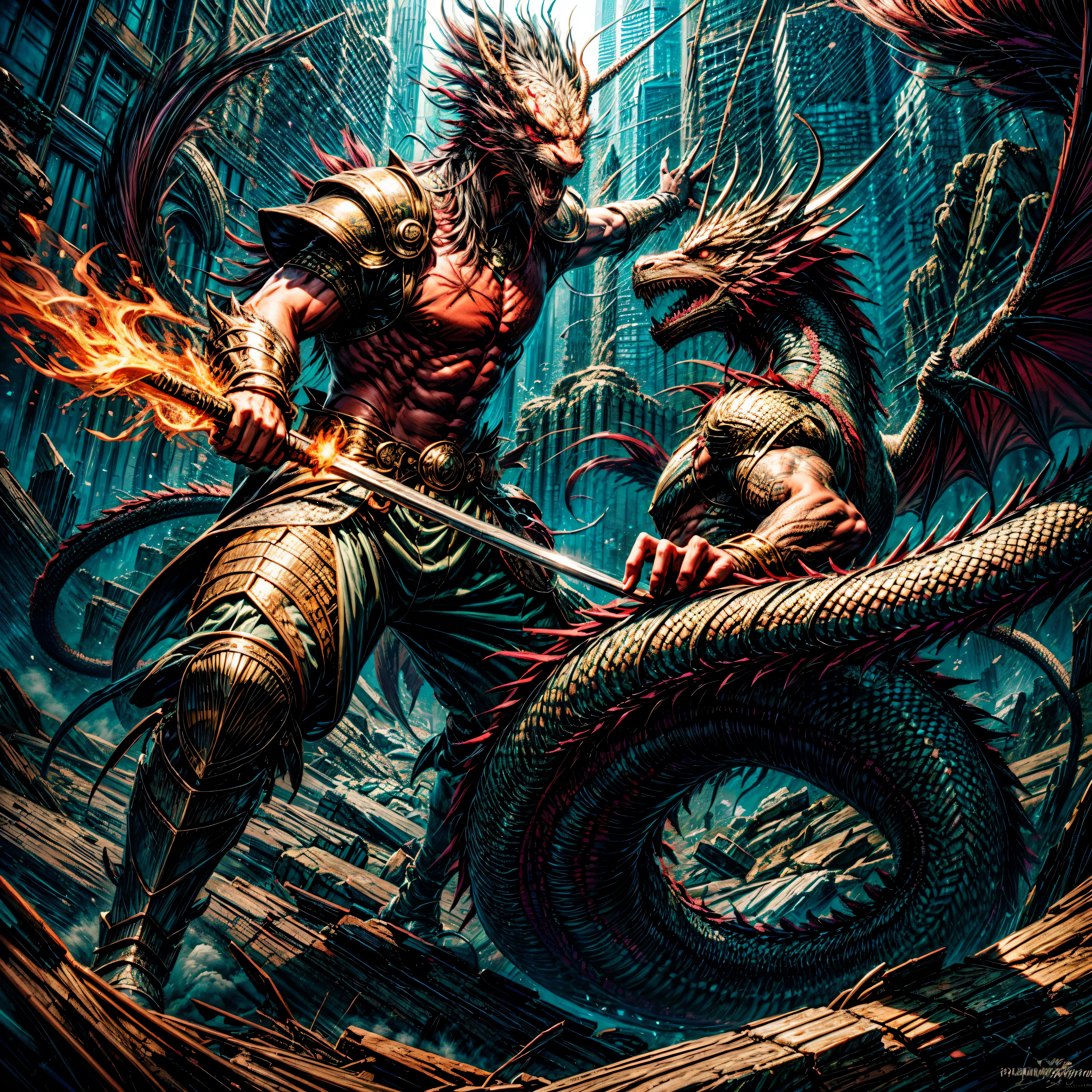 Create a digital art masterpiece depicting a fearless and battle-worn dragon slayer standing defiantly before an imposing, fire-breathing dragon. The dragon slayer should exude confidence, wielding a legendary weapon with intricate details and adorned in battle-scarred armor. The dragon should be a formidable force, its scales reflecting the glow of its fiery breath. Set the scene against a dramatic backdrop that captures the intensity of this showdown between the last of the dragon slayers and the majestic beast, showcasing the clash of two legendary forces in an epic fantasy world.
