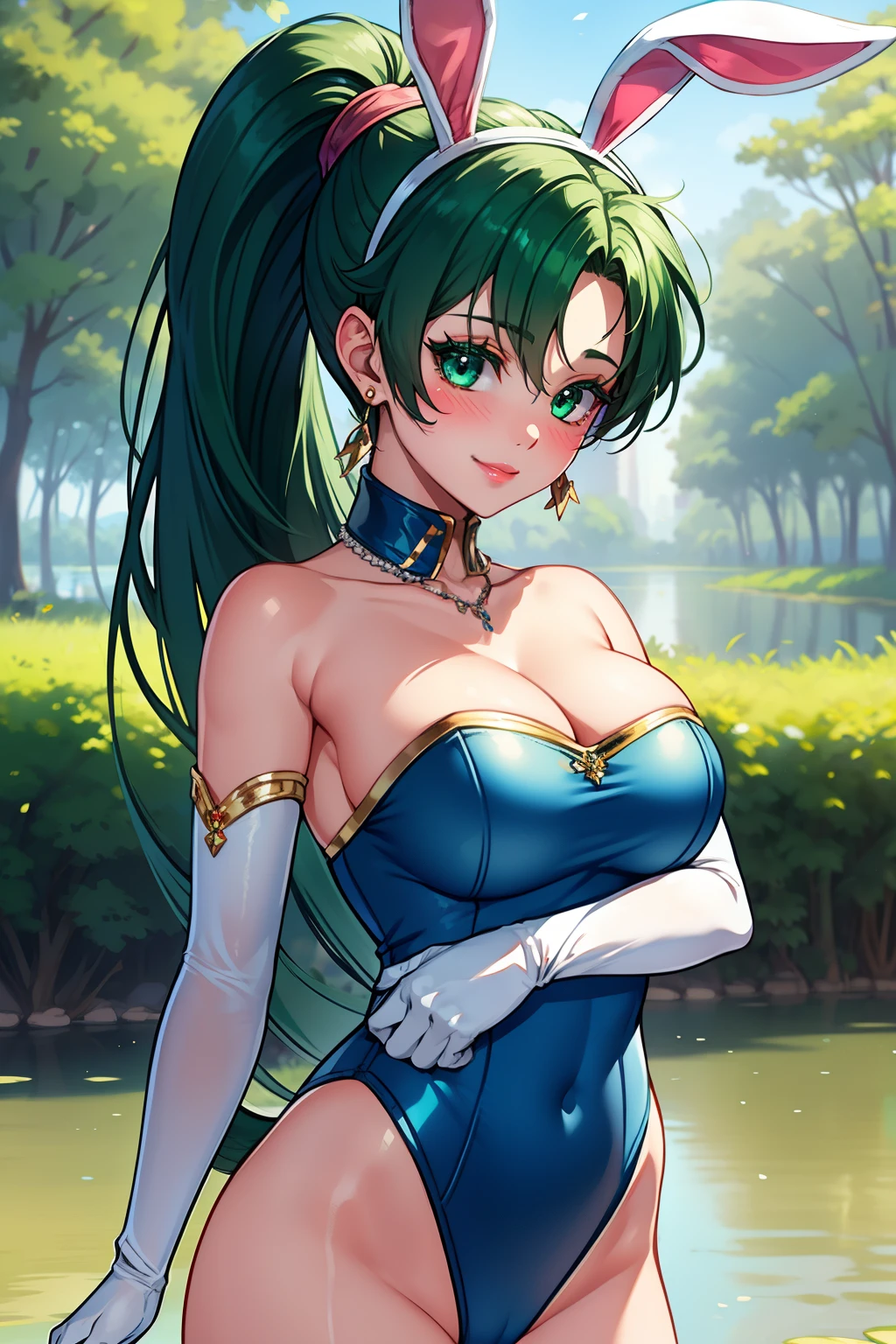 lyn, ponytail, green eyes, green hair, lipstick, blue eye shadow, 1girl, solo, perfect breasts, earrings glossy lips ,looking at viewer, blush, large breasts, nature, pond, trees, park, long white elbow satin gloves, holding, animal ears, cleavage, bare shoulders, jewelry, very l, gentle smile, pantyhose, earrings, fake rabbit ears, leotard, fake animal ears bunny, long white elbow gloves, white gloves
