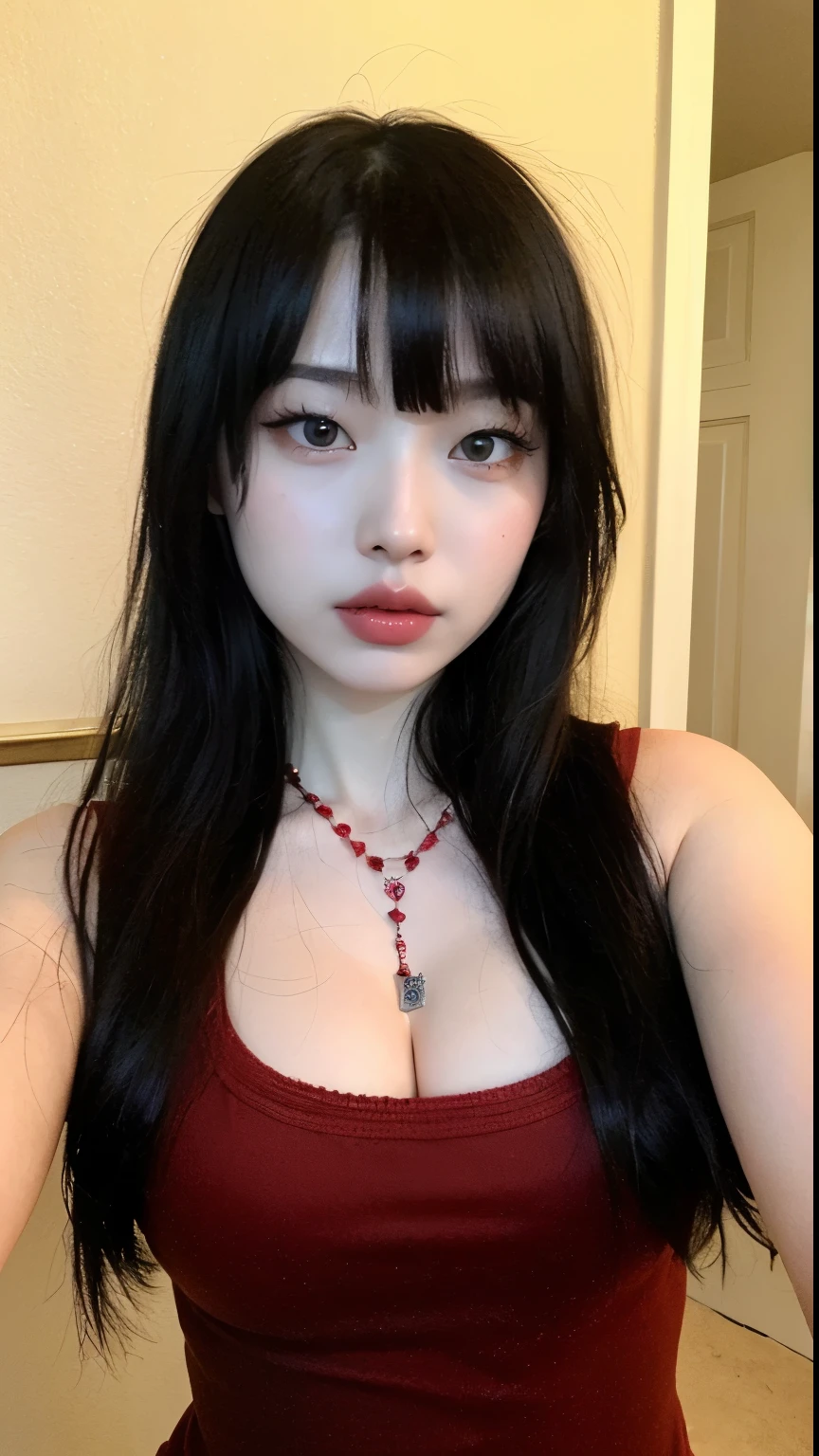 araffed woman with long black hair and a necklace on, pale goth beauty, cruel korean goth girl, 18 years old, with pale skin, she has black hair with bangs, pale porcelain white skin, asian features, with long hair and piercing eyes, pale fair skin!!, asian girl, black hair and large eyes, pale round face, china doll face, joy red velvet