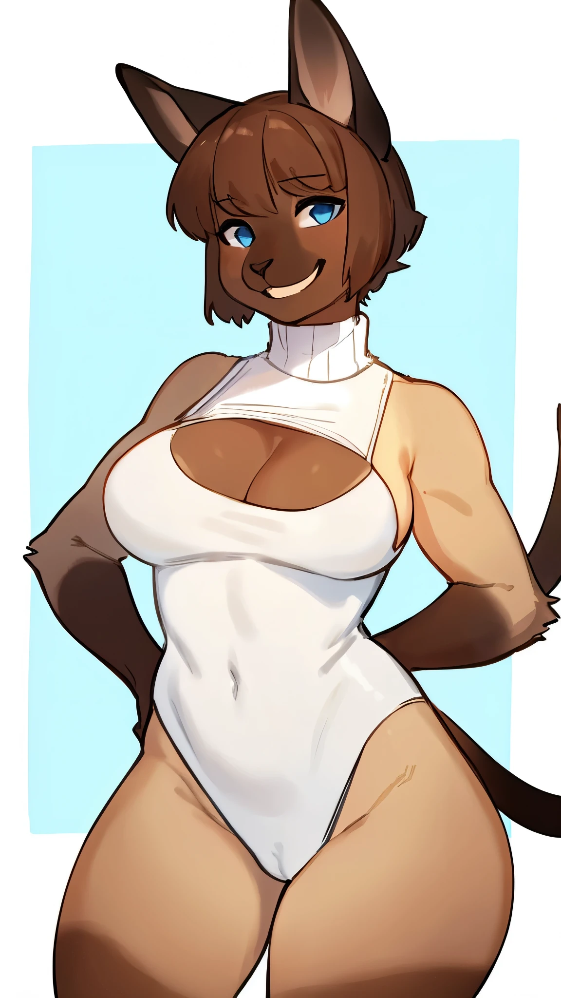 By bebebebebe, by lostgoose, by goonie-san, solo, snout, ears, feline, siamese cat, pale blue eyes, brown hair, short hair, hair bangs, (muscular), smiling, happy, ((curvy)), brown upper face, offwhite fur, female, plump breasts, (adult, mature), turtleneck leotard, cleavage, boob window