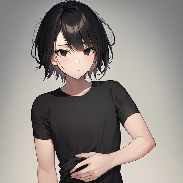 masterpiece, best quality, 1boy, solo, child, spiky hair, short hair, black hair, black eyes, black t-shirt