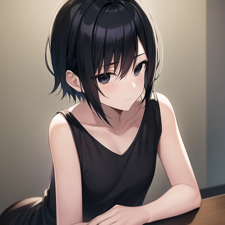 masterpiece, best quality, 1boy, solo, , spiky hair, short hair, black hair, black eyes, black t-shirt