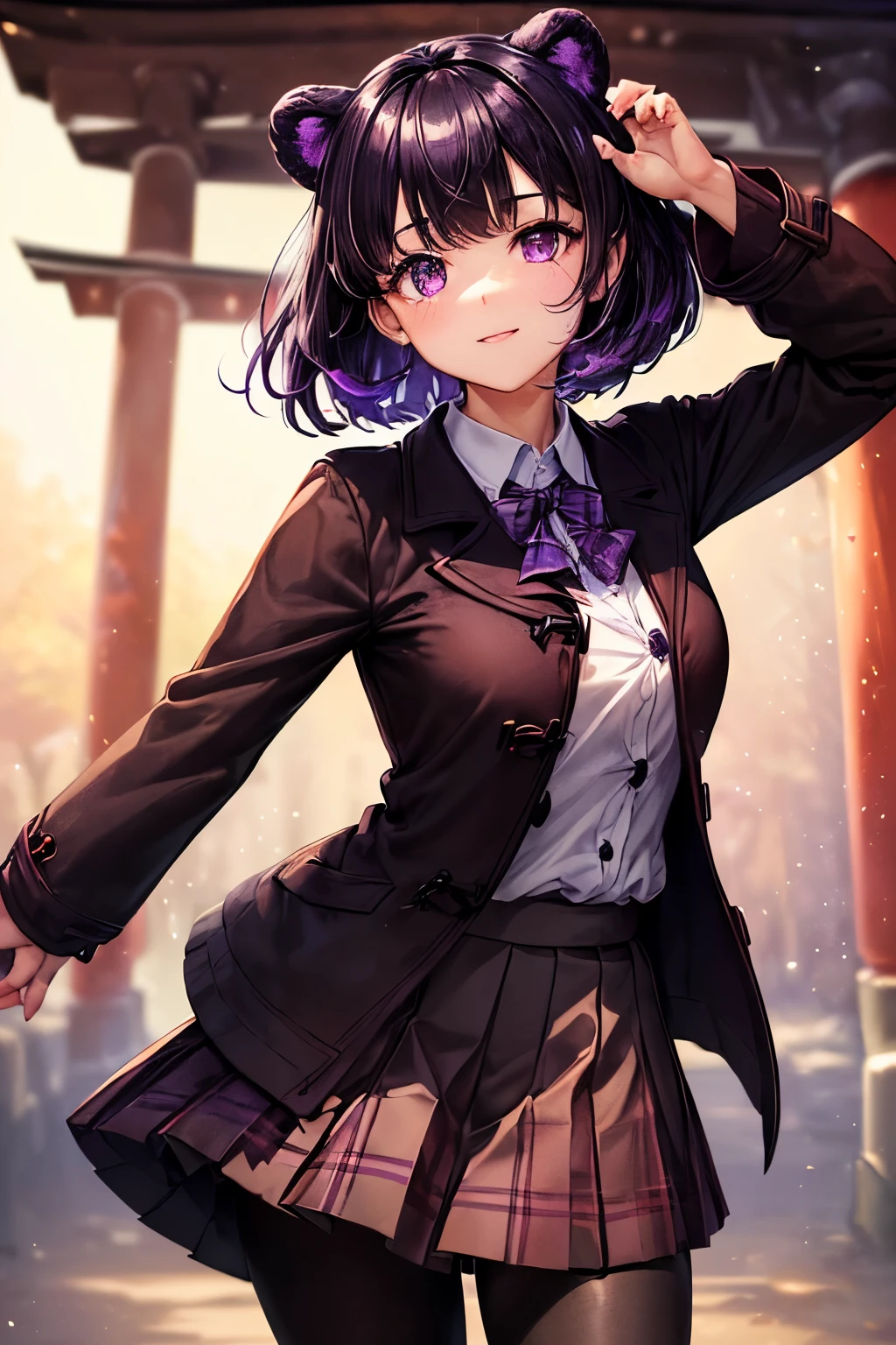 ((worst quality, low quality)), ((Close-up)), ((Bear-eared Kenomi Girl)), ((Black hair berry berry short:1.3),(Purple inner color)), (((hair above one eye))), (((purple eyes))), plump and glossy lips, Beautiful clear eyes, (best smile), spoken word heart, (perfect hands:1.3), A posture of leaning forward, (dynamic pose:1.2), (school uniform:1.2),(Wear a dark brown duffel coat on top.:1.4), (body fit beige cardigan:1.2), (white collared shirt underneath:1.3), ((raise button, Doesn't come loose):1.5),(red plaid pleated skirt:1.3), ((dark brown pantyhose:1.2), sunrise, (light particles, shine of light:1.4), ((Japanese torii gate background)), high angle shot, muste piece, best quality, Super detailed, masterpiece,