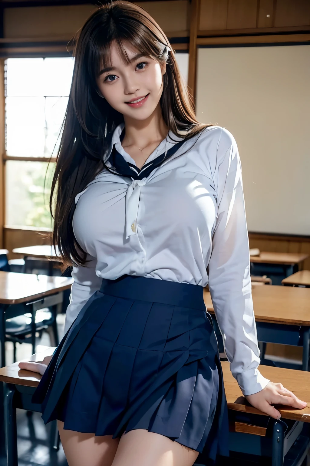 ((beautiful japanese girl:1.3)) ((school uniform:1.4)) ((panty shot:1.5)) ((high school)),((dark blue skirt:1.3)) ((In the classroom:1.3)) ((thin_fabric:1.4)) ((random sexy pose:1.3)) ((sweaty:1.5))((face is flushed:1.4)) ((big breasts:1.4)) ((close:1.2)) highest quality,masterpiece,ultra high resolution,(realistic:1.4),RAW photo,(real skin texture:1.3),(film grain:1.3),panorama,character portrait,very wide shot,tight waist,cowboy shot,(in the dark, deep shadow, private key, cold light,) night,(()),tears flow,,dust,Tyndall effect,(performance),1 girl,Beautifully detailed eyes and face,white jabot,brown eyes,((brown hair:1.2)) ((whole body:1.3)) ((smile:1.3))