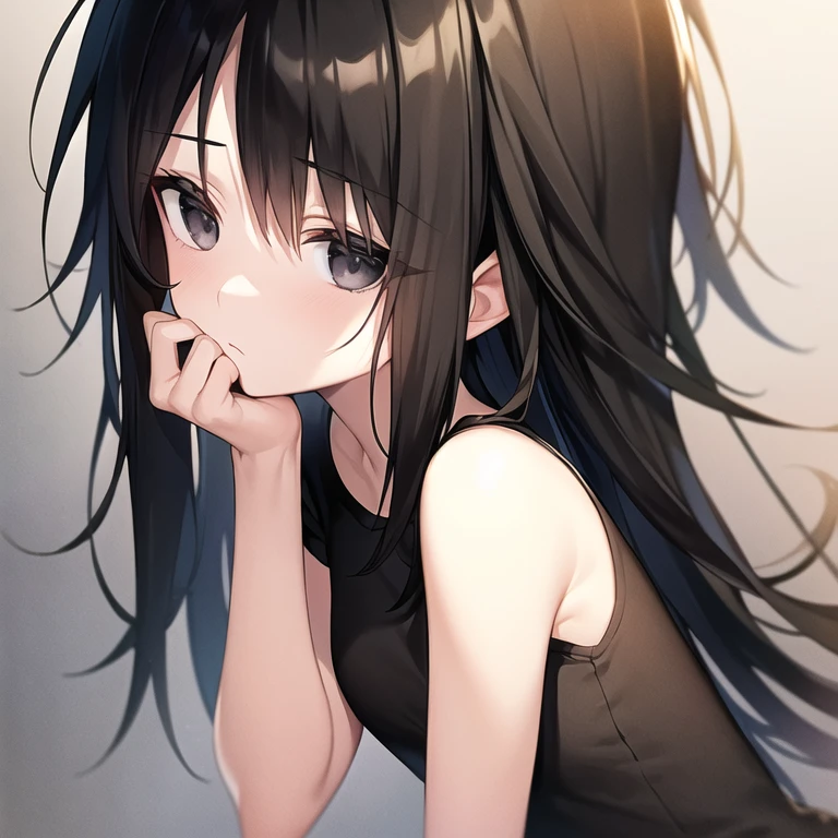 masterpiece, best quality, 1boy, solo, child, spiky hair, black hair, black eyes, black t-shirt
