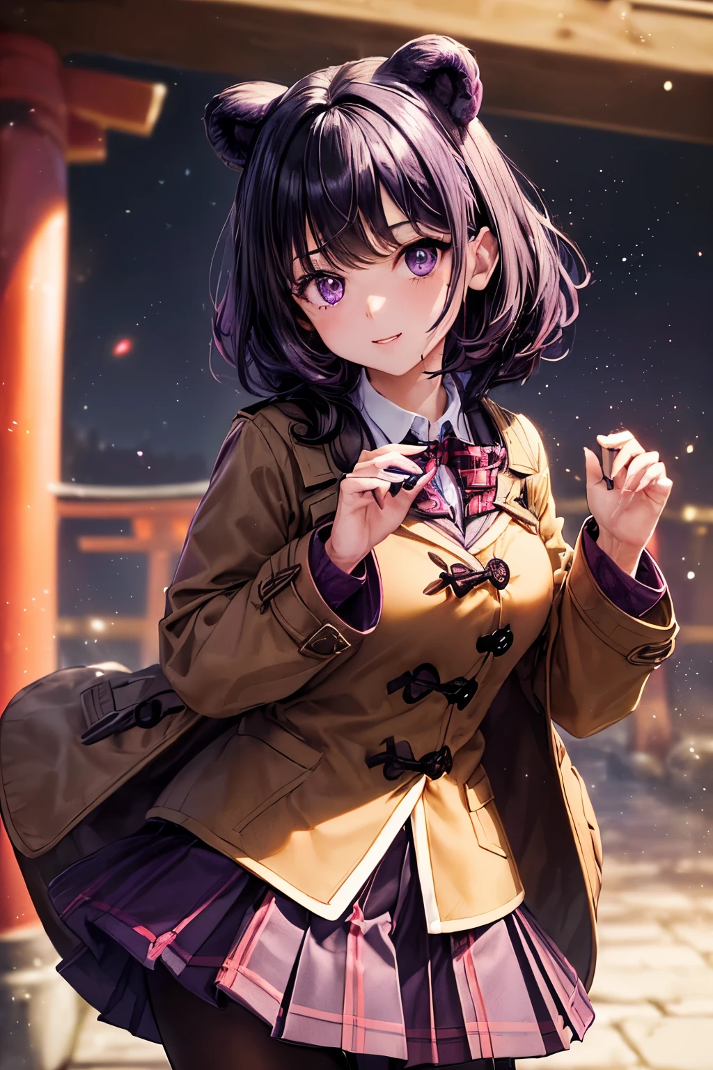 ((worst quality, low quality)), ((Close-up)), ((Bear-eared Kenomi Girl)), ((Black hair berry berry short:1.3),(Purple inner color)), (((hair above one eye))), (((purple eyes))), plump and glossy lips, Beautiful clear eyes, (best smile), spoken word heart, (perfect hands:1.3), A posture of leaning forward, (dynamic pose:1.2), (school uniform:1.2),(Wear a dark brown duffel coat on top.:1.4), (body fit beige cardigan:1.2), (white collared shirt underneath:1.3), ((raise button, Doesn't come loose):1.5),(red plaid pleated skirt:1.3), ((dark brown pantyhose:1.2), sunrise, (light particles, shine of light:1.4), ((Japanese torii gate background)), high angle shot, muste piece, best quality, Super detailed, masterpiece,