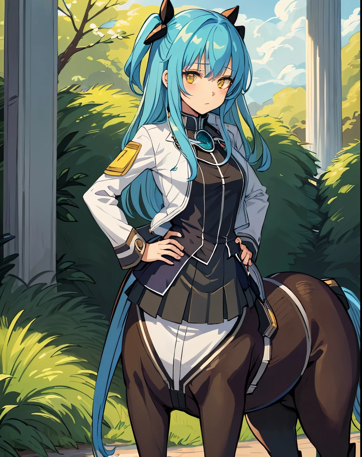 best quality, (masterpiece:1.2), illustration, absurdres,
(1girl, solo), (beautiful detailed girl),
Tio Plato, yellow eyes, aqua hair, long hair, two side up, small breasts, 
fake animal ears, 
black dress, breastplate,  pleated skirt, black thighhighs, grey boots,
looking at viewer, 
magical forest, flowers, fairy ring, glowing plants, ancient ruins, stone ruins, sky, clouds,,
((hands on hips)), cowboy shot,, ((centaur))