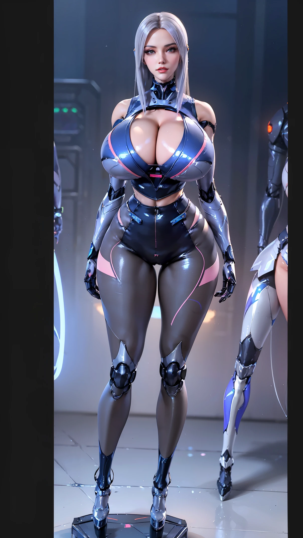 physically-based rendering, 1girl model,(muscular body shape:1.4), (cleavage:1.5), street city, slim waist, big buttocks, (Full body:1.3), standing, skintight leggings, (wearing futuristic mecha full set,huge fake breast crop top:1.5).