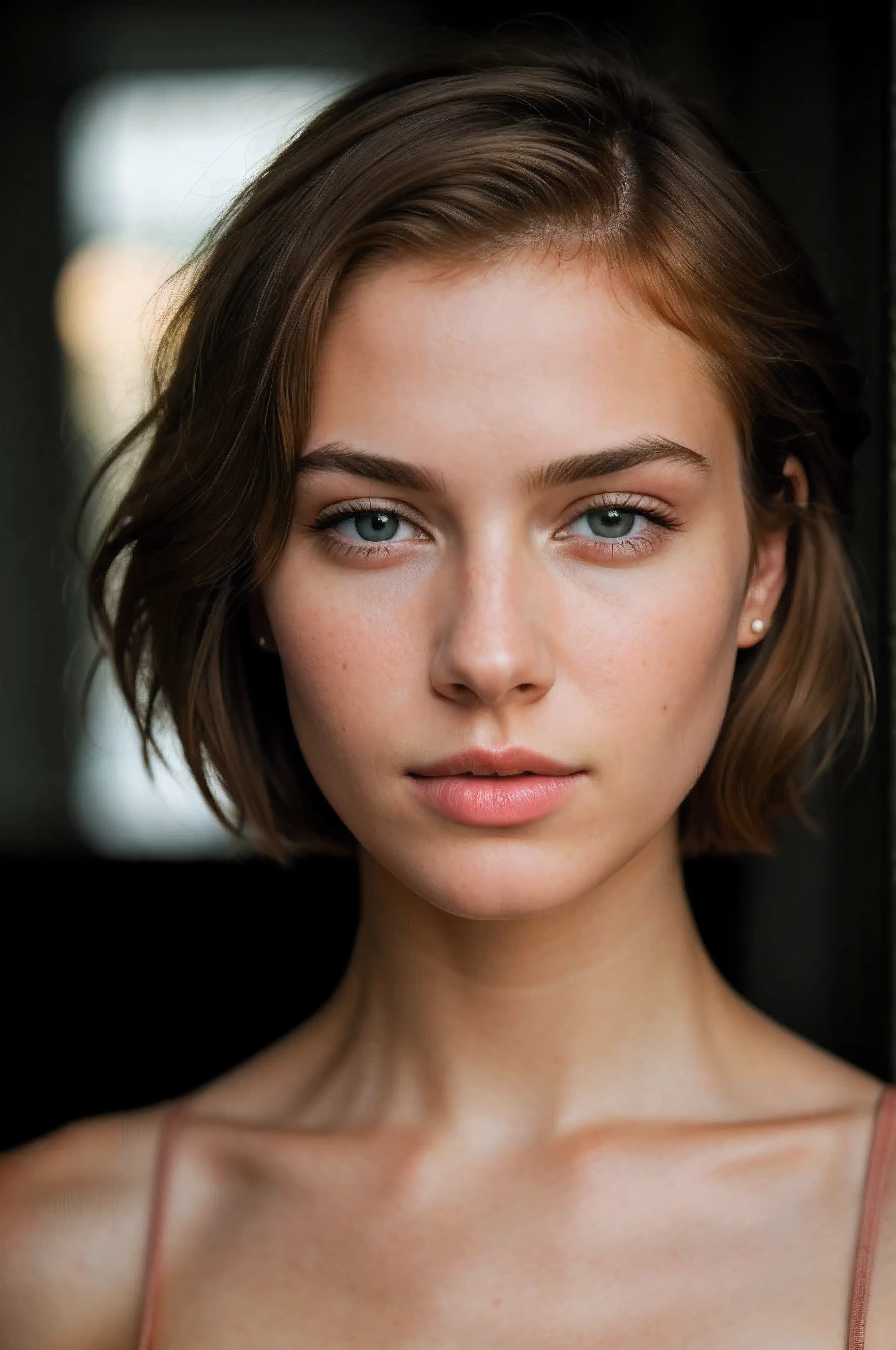 a photorealistic portrait of a stunningly beautiful girl without make-up, extremely detailed light grey eyes, detailed symmetric realistic face, natural skin texture, extremely detailed skin with skin pores, peach fuzz, short ginger hair, masterpiece, award winning photo by lee jeffries, nikon d850 film stock photograph, kodak portra 400 camera f1.6 lens, extremely detailed, amazing, fine detail, rich colors, hyper realistic lifelike texture, dramatic lighting, cinestill 800 tungsten, looking at the viewer, photo realistic, RAW photo, high quality, highres, sharp focus, extremely detailed, cinematic lighting, 8k uhd