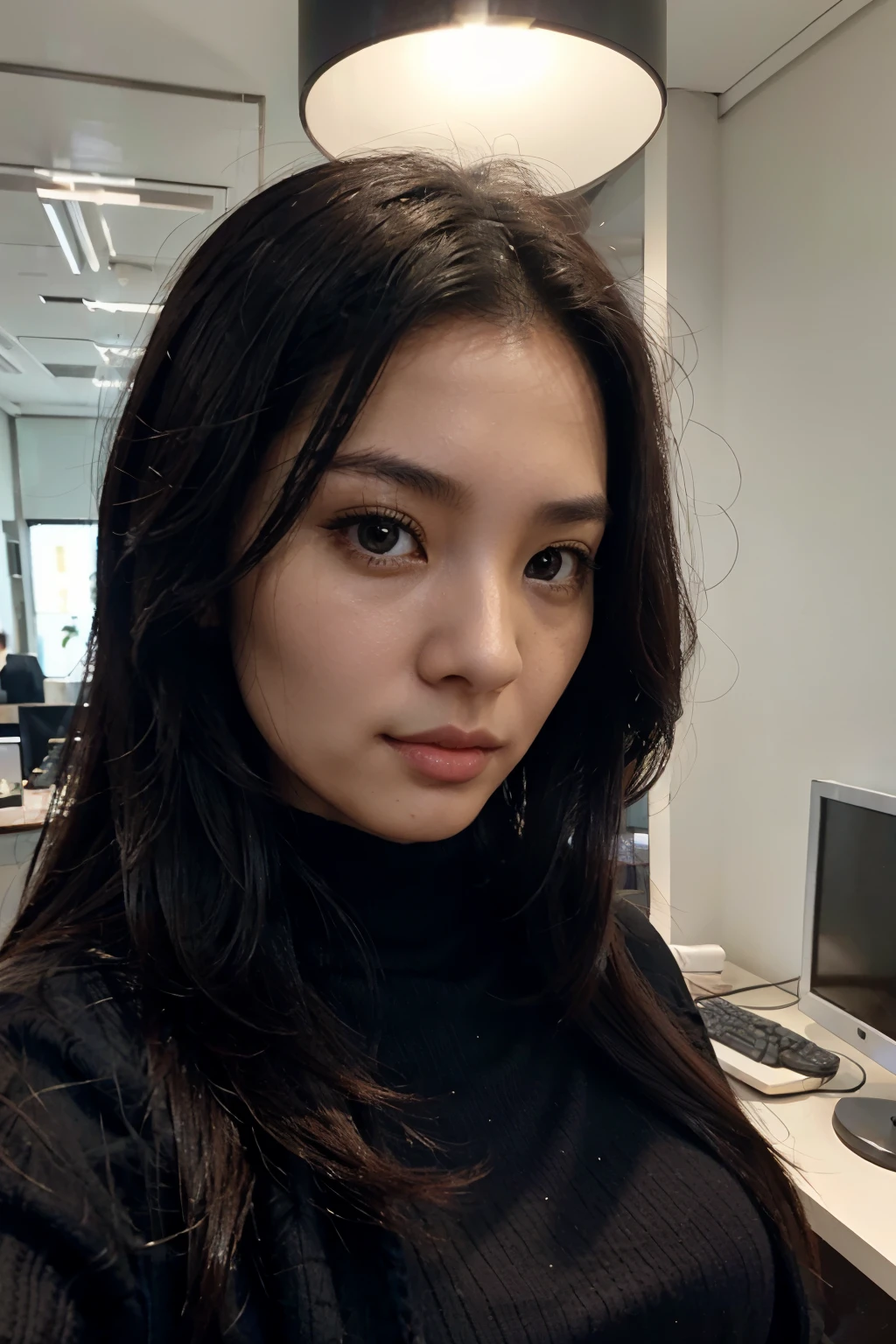 hong kong lady in office, stand upright, peeking from neck, black knit jacket, closeup selfie, black long hair, beautiful face, beautiful body, slim, soft lighting