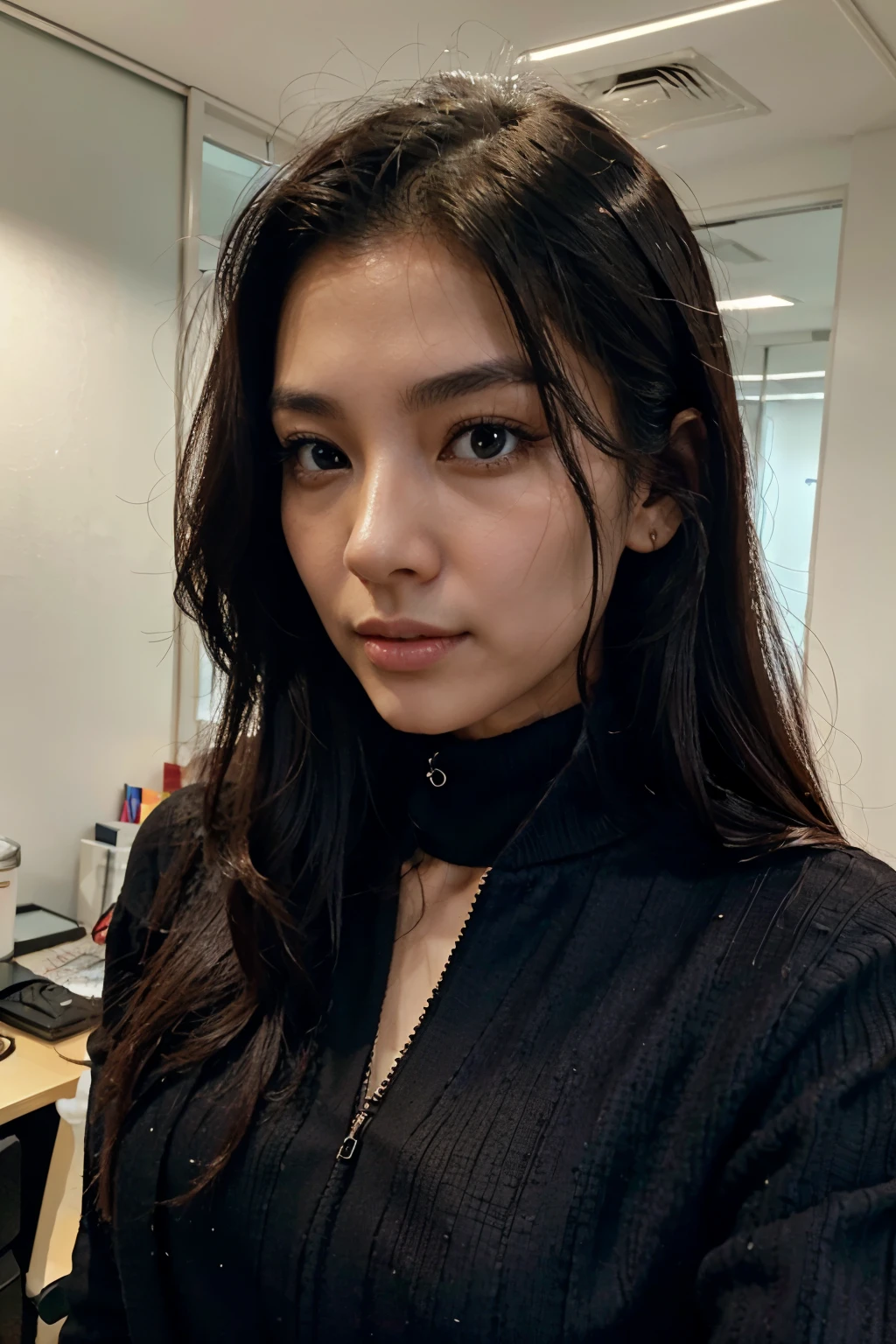 hong kong lady in office, stand upright, peeking from neck, black knit jacket, closeup selfie, black long hair, beautiful face, beautiful body, slim, soft lighting