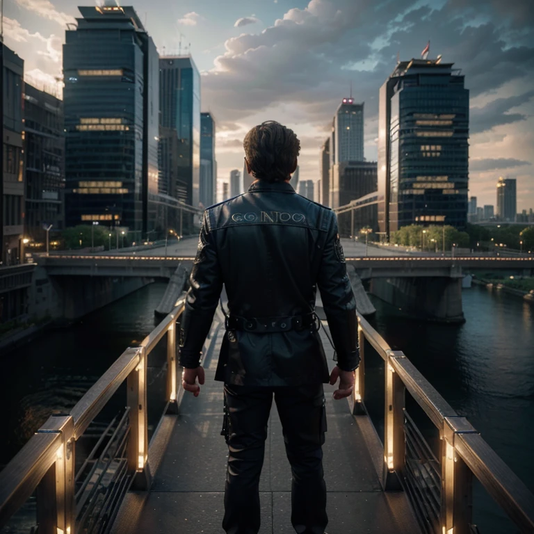 (8k unit wallpaper CG extremely detailed, masterpiece, best quality, ultra-detailed), (((solo)))), ((extremely wide shot:1.15)), a man on a bridge looking at a scifi city in the distance in the background, ((back view)), ((full body)), (high detail), (intricate details), intricate, magnificent scene, detailed environment, highly detailed environment, illustrator, (masterpiece).