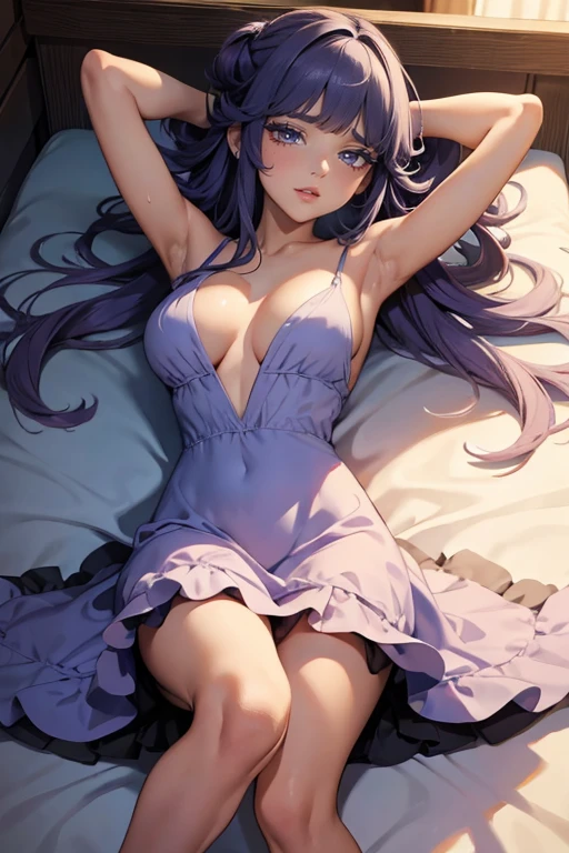 ((masterpiece)), accurate, high details, (detailed eyes), best quality, highres, super detail, (Wearing Purple nightgown), Just woke up, rubbing her eyes, morning sunlight, Sit on the bed, black hair, ahoge, messy hair, hair over shoulder, sidelocks, diagonal bangs