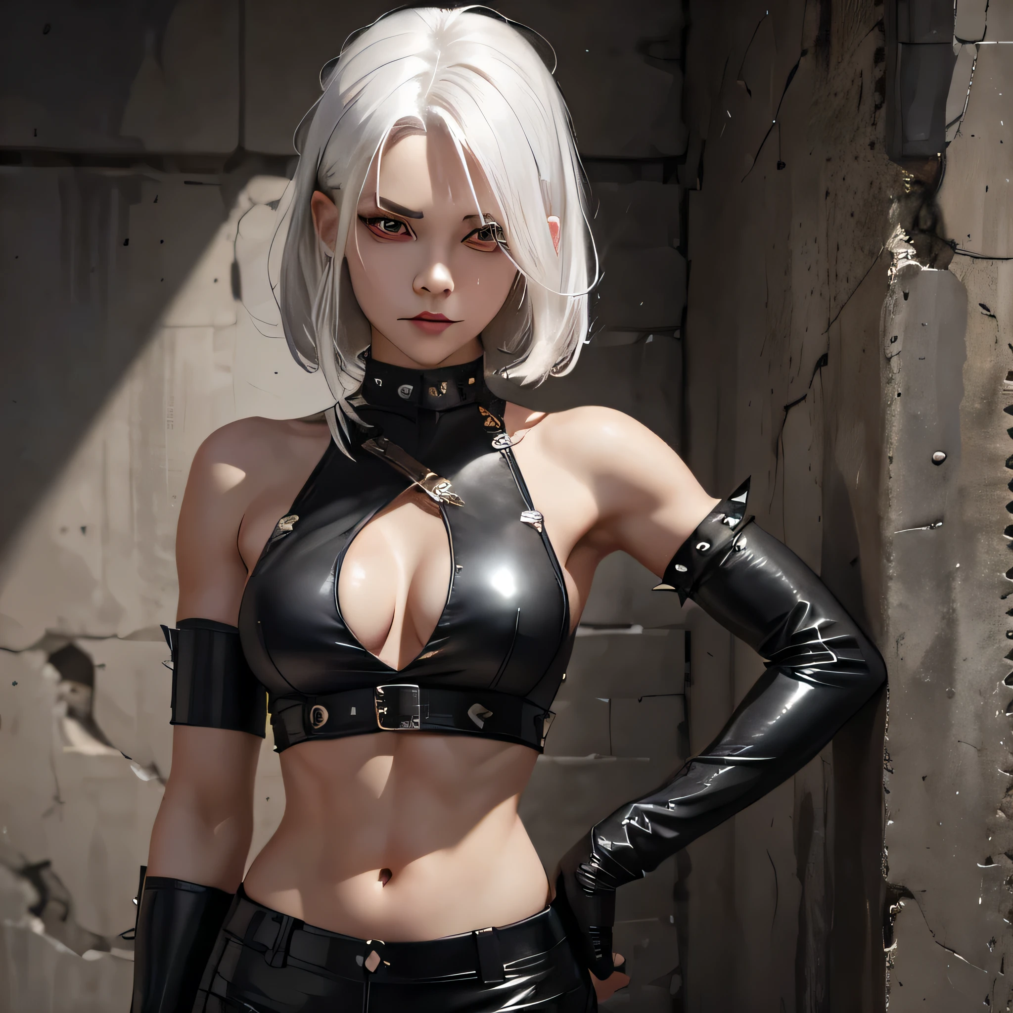 beautiful girl, military, white hair, bloody eyes, choker, cropped top, muscular abdomen, navel, black leather pants, spiked long gloves, wall,