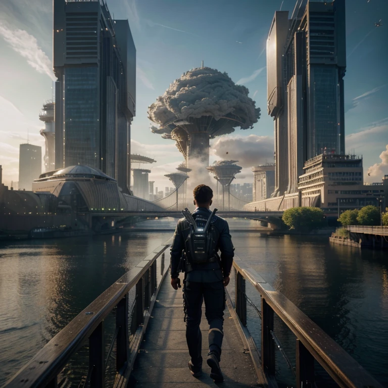 (8k unit wallpaper CG extremely detailed, masterpiece, best quality, ultra-detailed), (((solo)))), ((extremely wide shot:1.15)), a man on a bridge looking at a scifi city in the distance in the background, ((back view)), ((full body)), (high detail), (intricate details), intricate, magnificent scene, detailed environment, highly detailed environment, illustrator, (masterpiece), dystopian city