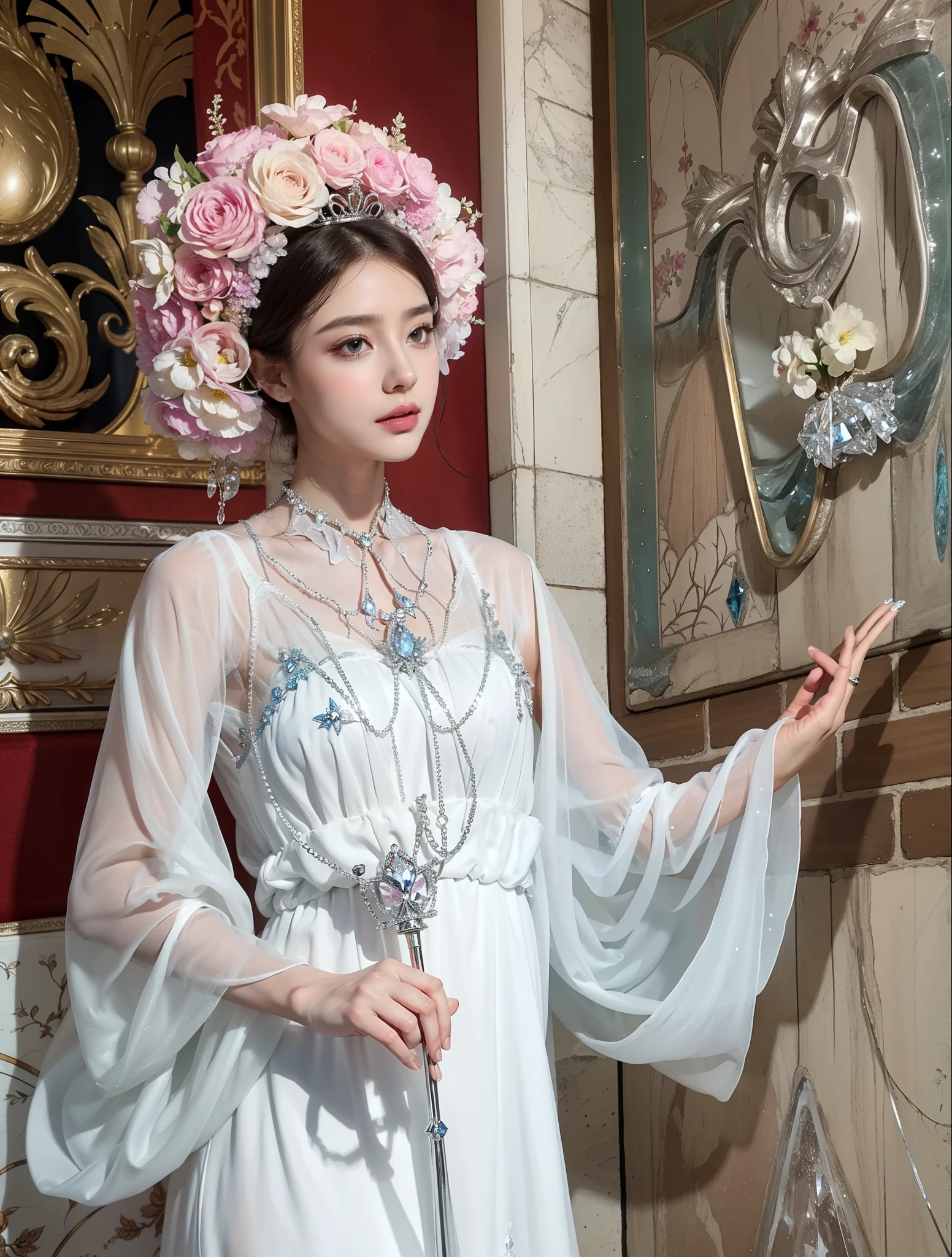 Royal sister，exquisite eyes，Detailed facial expressions body，tall figure，number，Leg length，4K，HD，，White translucent lace，Fair and plump figure，pretty face，Little cherry mouth，beautiful and delicious（3D royal sister），exquisite dress，Wear crystal heels，silver breastplate，Gorgeous crystal gems，Gem and jewelry crown，The colors of the picture are very vibrant，Gorgeous long dress，ice princess，fan in hand
