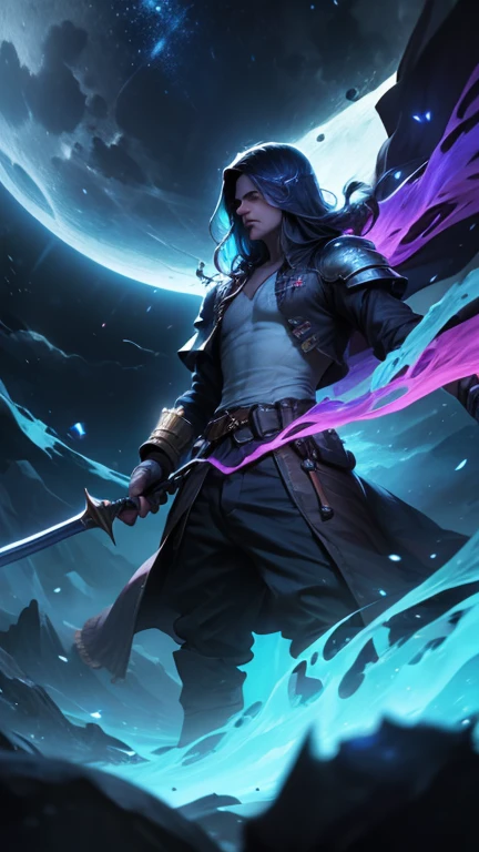 fantasy image, detailed photography of young swordsman with long purple messy hair slicing through the moon ((ethereal glow of the moon)), highly detailed, high-quality cosmic colors of Vincent van Gogh's Starry Night with the surreal celestial precision of Salvador Dalí, echoing the atmospheric atmosphere of Turner Touch, blurring the line between reality and fantasy, ((overlord:1.3)) ((solo levelling:1.3)) highly detailed focus on the swordsman, celestial bodies, holographic glow, light particles, hyper-detailed skin, beautiful and quirky, bold and bright colorful, panoramic view, retro aesthetic, focus on characters, resolution, challenging look shot on DSLR camera, cel shaded, instagram.com/canvas_art_a.i/, 32k resolution, photorealistic rendering, using Cinema 4D, best quality, garment printing design.